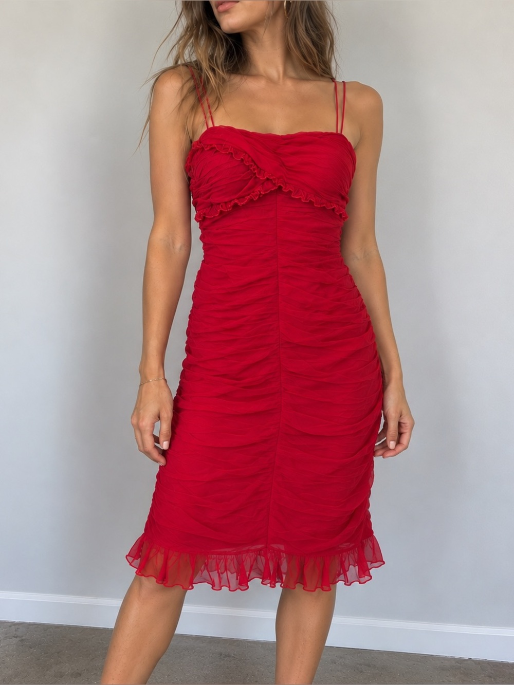 Cache Red Silk Ruched Midi Dress Size 8 Y2K Cocktail Party Coquette Fairy